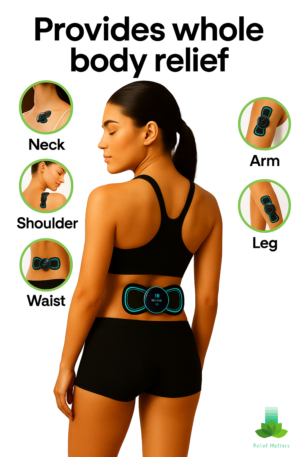 Versatile EMS massage patch for full-body relief – suitable for back, neck, shoulders, legs, and arms to soothe sore muscles and promote total body relaxation