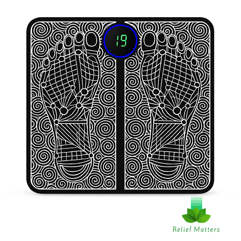 Portable EMS foot pad providing soothing relief from fatigue and tension – promotes relaxation and helps ease sore feet after long days from Relief Matters