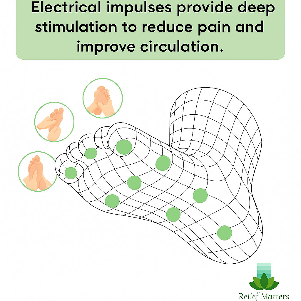 Electric EMS foot pad using gentle electrical muscle stimulation to activate foot and calf muscles – supports recovery, relaxation, and pain relief.