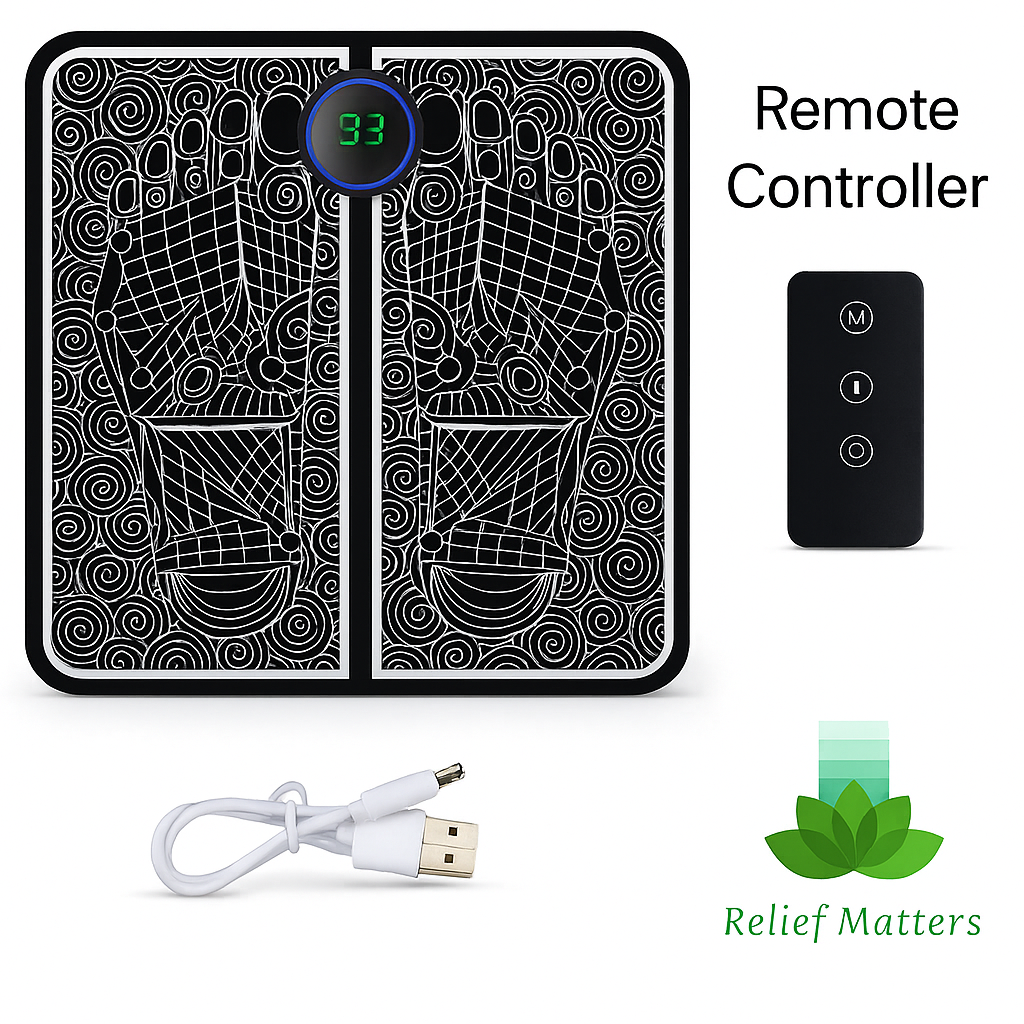 Portable EMS foot pad providing soothing relief from fatigue and tension – promotes relaxation and helps ease sore feet after long days from Relief Matters