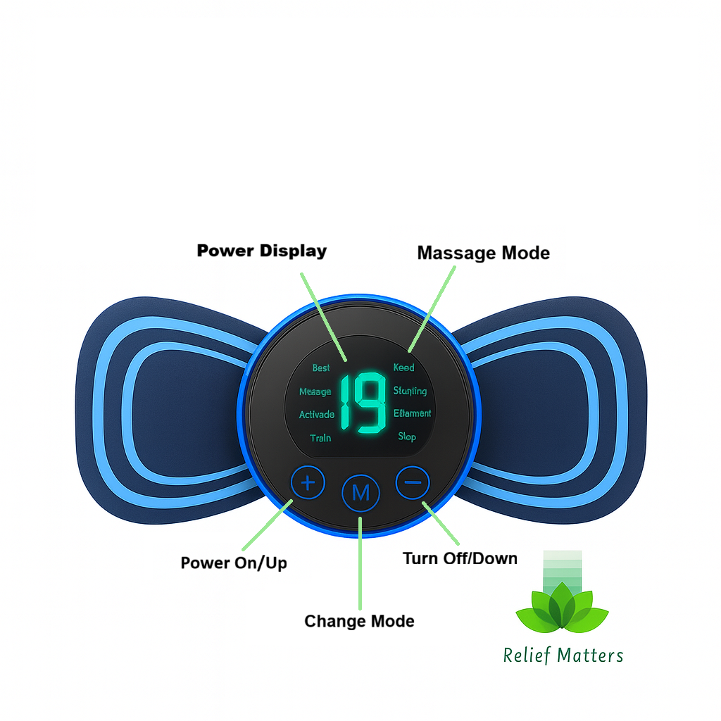 Rechargeable EMS massage patch featuring 19 adjustable intensity levels and 8 massage modes – customise your pain relief experience for comfort and control