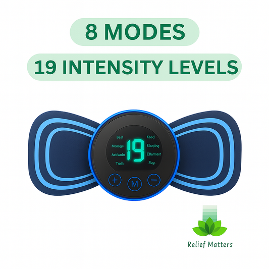 Portable EMS massage patch providing targeted muscle pain relief and relaxation for the back, neck, and shoulders – wireless and rechargeable pain therapy device from Relief Matters