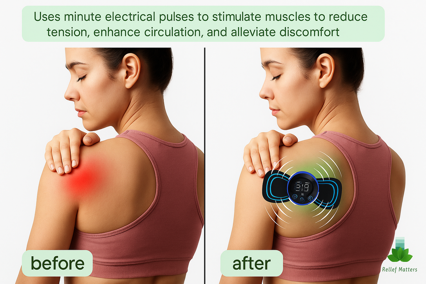 Advanced EMS massage patch using gentle electrical muscle stimulation to reduce tension, ease pain, and improve blood circulation – safe and effective home therapy