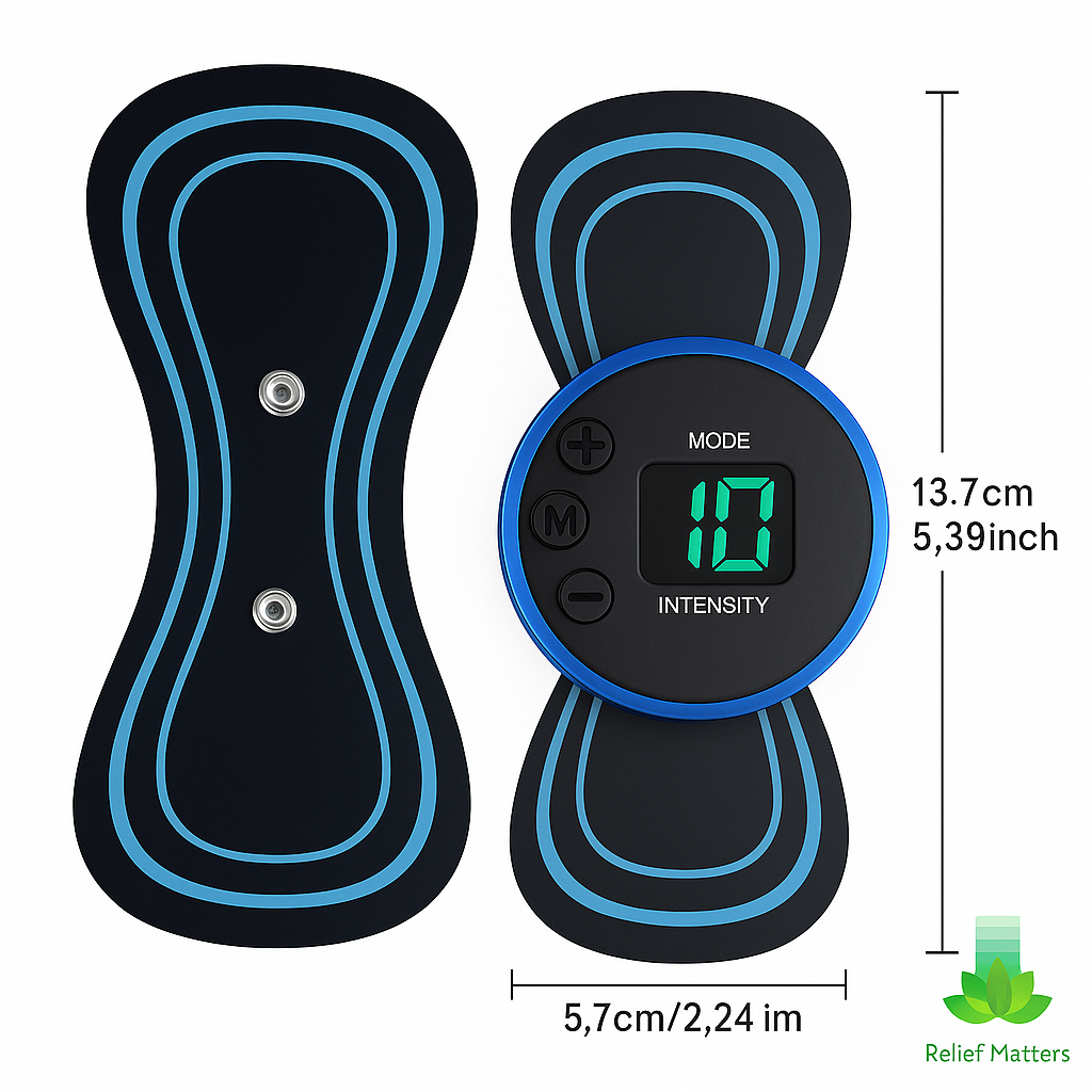 Compact and lightweight EMS massage patch designed for easy travel and everyday use – quick to apply, portable, and ideal for relief on the go from Relief Matters