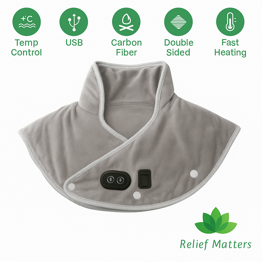 USB-powered heated massage pad with adjustable temperature control, double-sided design, and fast heating technology – convenient pain relief solution for neck and shoulder tension.