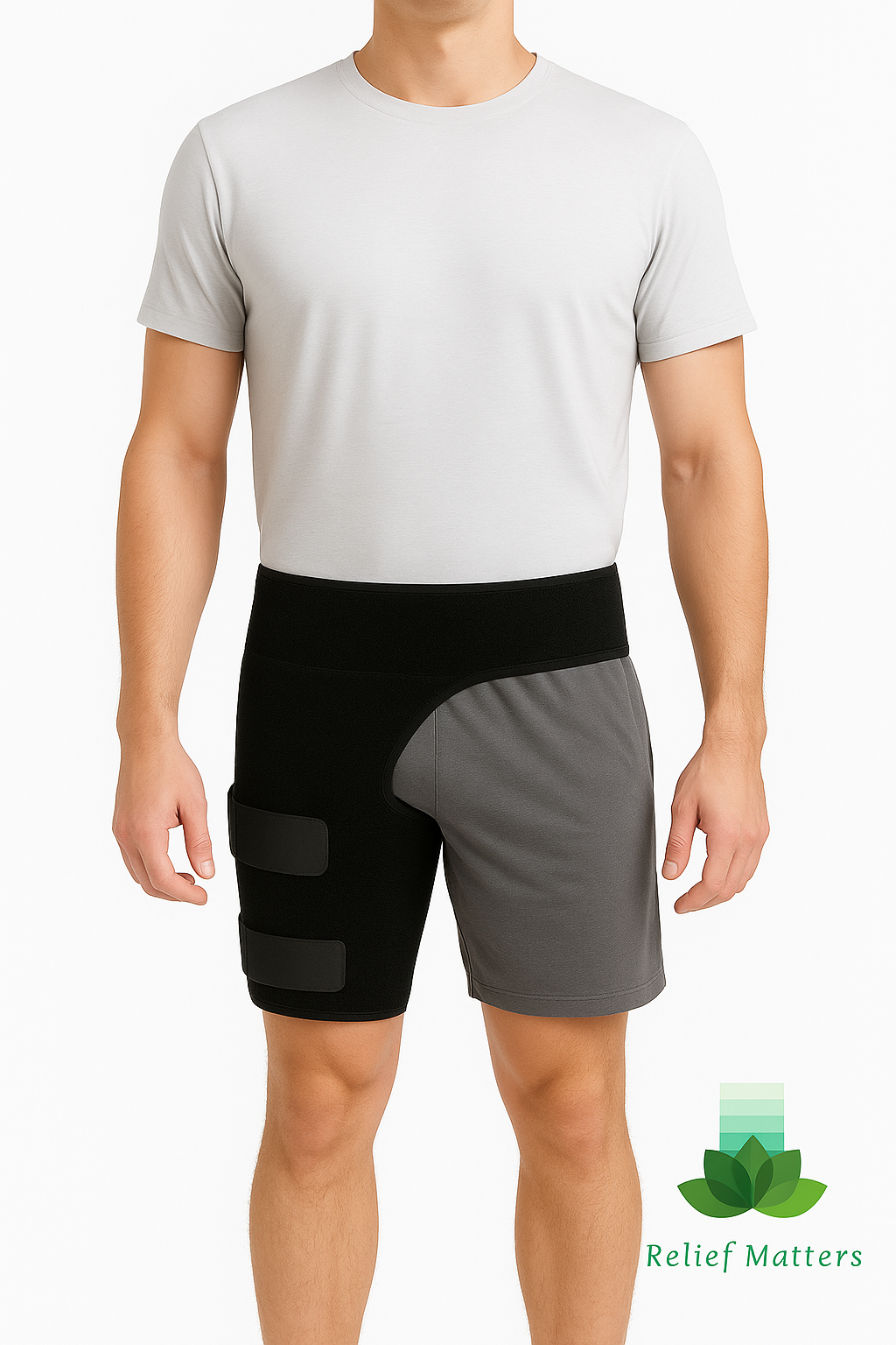 Easy-to-wear hip and thigh compression brace with adjustable straps – lightweight and secure fit makes it simple to apply and comfortable for daily use