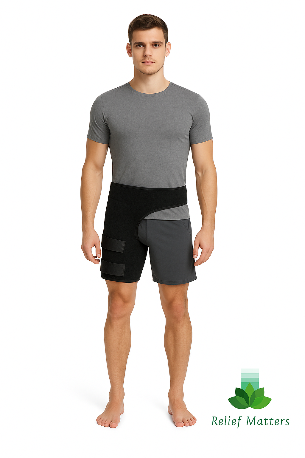 Easy-to-wear hip and thigh compression brace with adjustable straps – lightweight and secure fit makes it simple to apply and comfortable for daily us