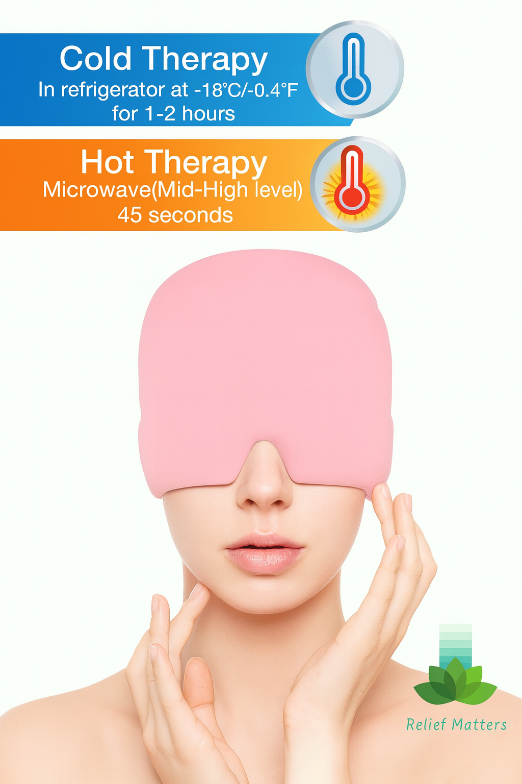 Reusable migraine relief cap designed for both hot and cold use – microwave or freeze to deliver targeted temperature therapy for fast, effective pain relief.