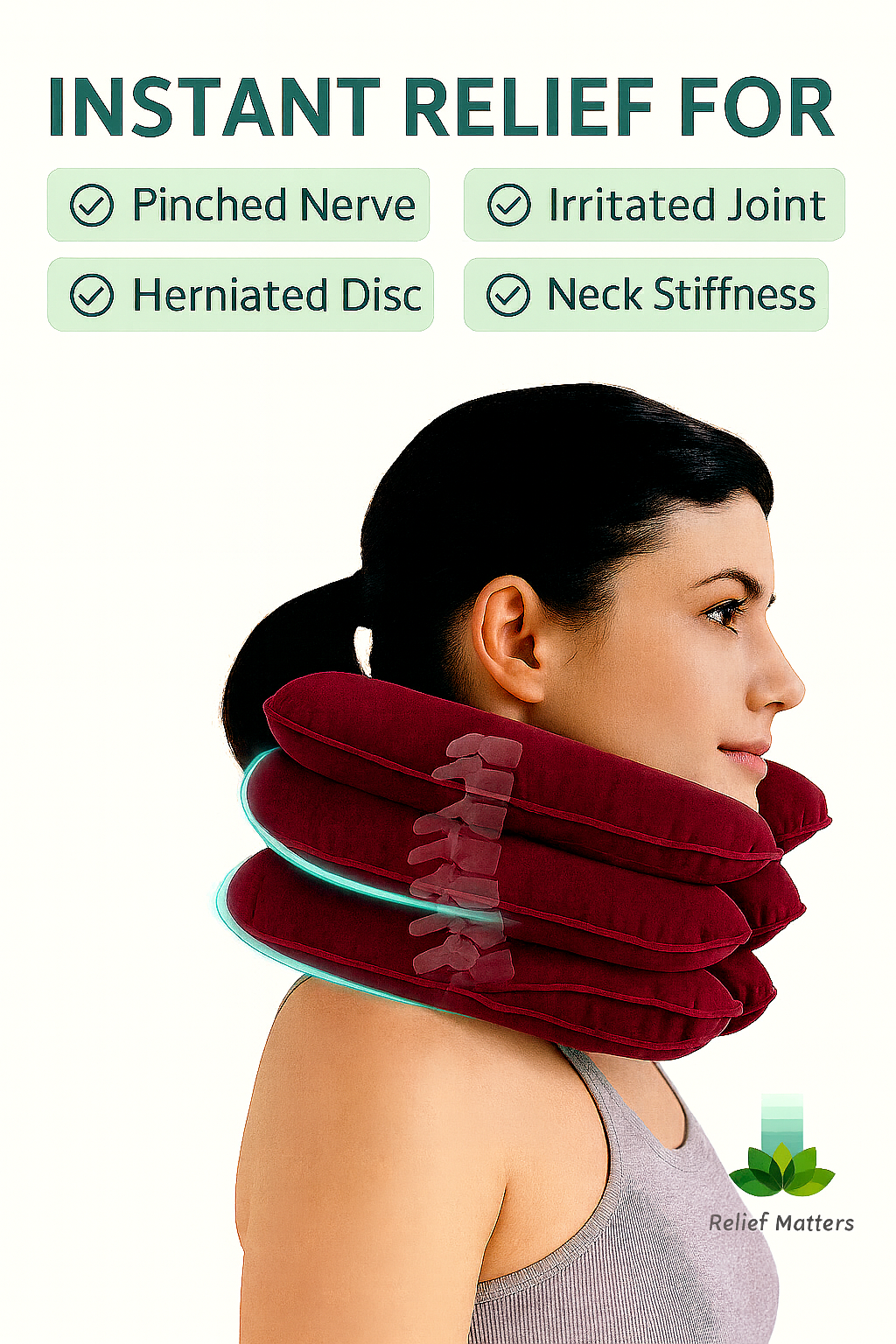 Inflatable cervical neck pillow offering targeted relief from neck strain, tension, and muscle fatigue – supports proper alignment and posture