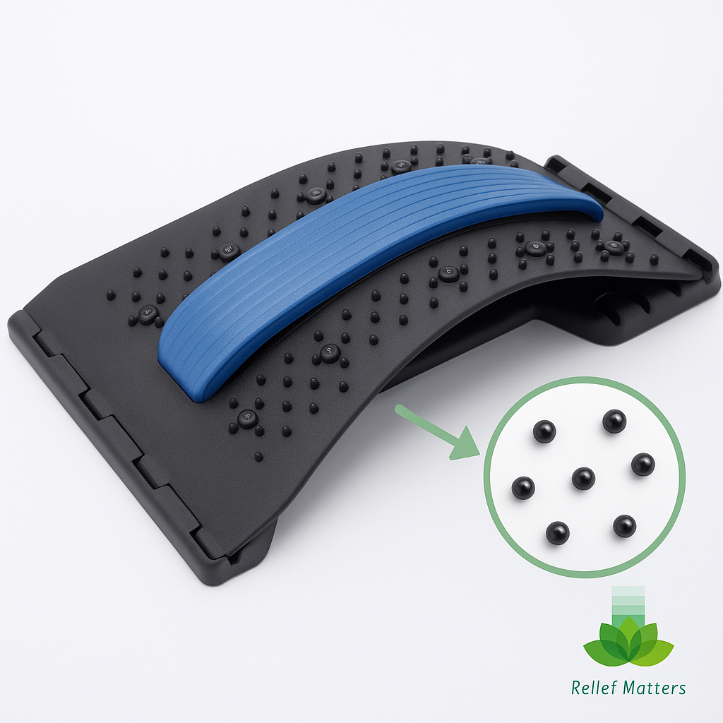 “Adjustable back stretcher with multi-level settings and built-in magnetic pressure points – provides targeted muscle relief and improved circulation.”