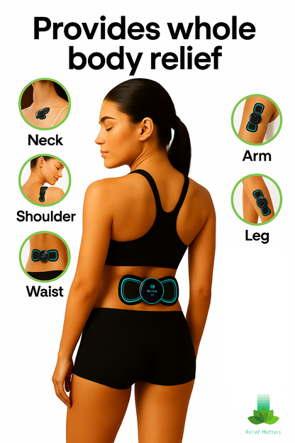 Versatile EMS massage patch for full-body relief – suitable for back, neck, shoulders, legs, and arms to soothe sore muscles and promote total body relaxation