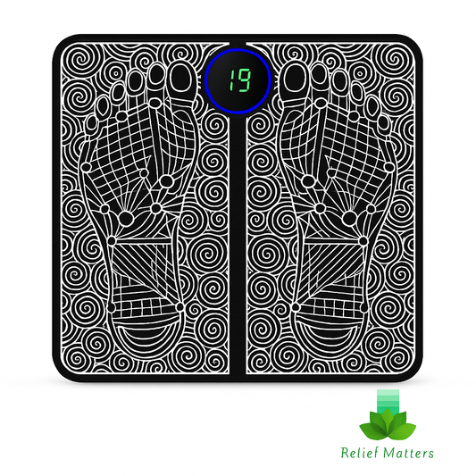 Portable EMS foot pad providing soothing relief from fatigue and tension – promotes relaxation and helps ease sore feet after long days from Relief Matters