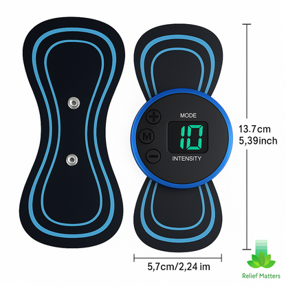 Compact and lightweight EMS massage patch designed for easy travel and everyday use – quick to apply, portable, and ideal for relief on the go from Relief Matters