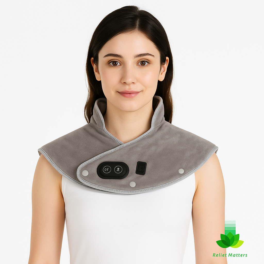 Soft, ergonomic heated massage pad designed to fit comfortably around the neck and shoulders – lightweight and flexible for everyday comfort and stress relief