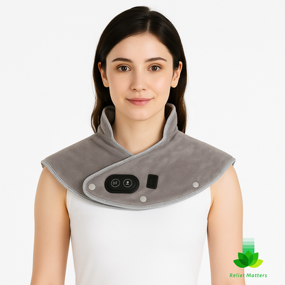 Soft, ergonomic heated massage pad designed to fit comfortably around the neck and shoulders – lightweight and flexible for everyday comfort and stress relief