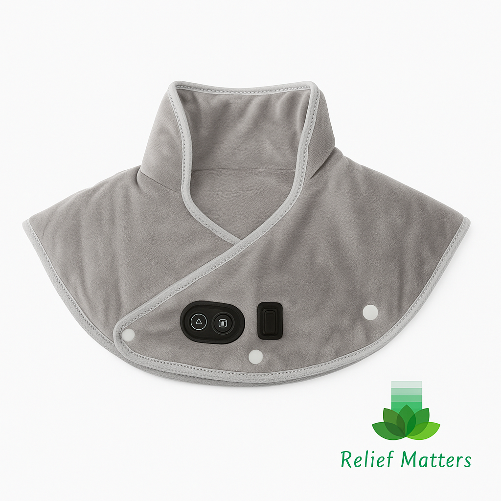Heated neck and shoulder massage pad providing soothing warmth and vibration to relieve muscle tension and promote relaxation – perfect for home or office use from Relief Matters.