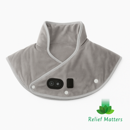 Heated neck and shoulder massage pad providing soothing warmth and vibration to relieve muscle tension and promote relaxation – perfect for home or office use from Relief Matters.