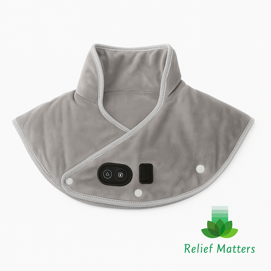 Heated neck and shoulder massage pad providing soothing warmth and vibration to relieve muscle tension and promote relaxation – perfect for home or office use from Relief Matters.