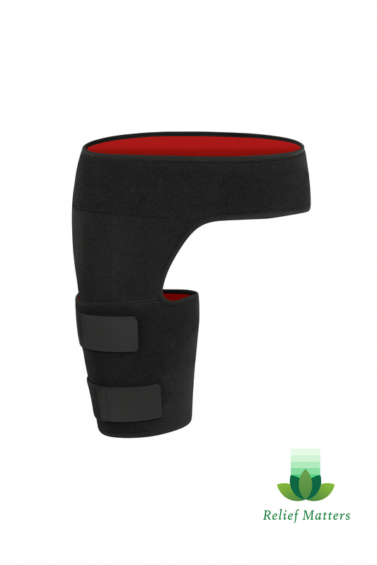 Adjustable hip and thigh compression brace providing targeted support for muscle recovery and joint stability – ideal for pain relief and injury prevention from Relief Matters.