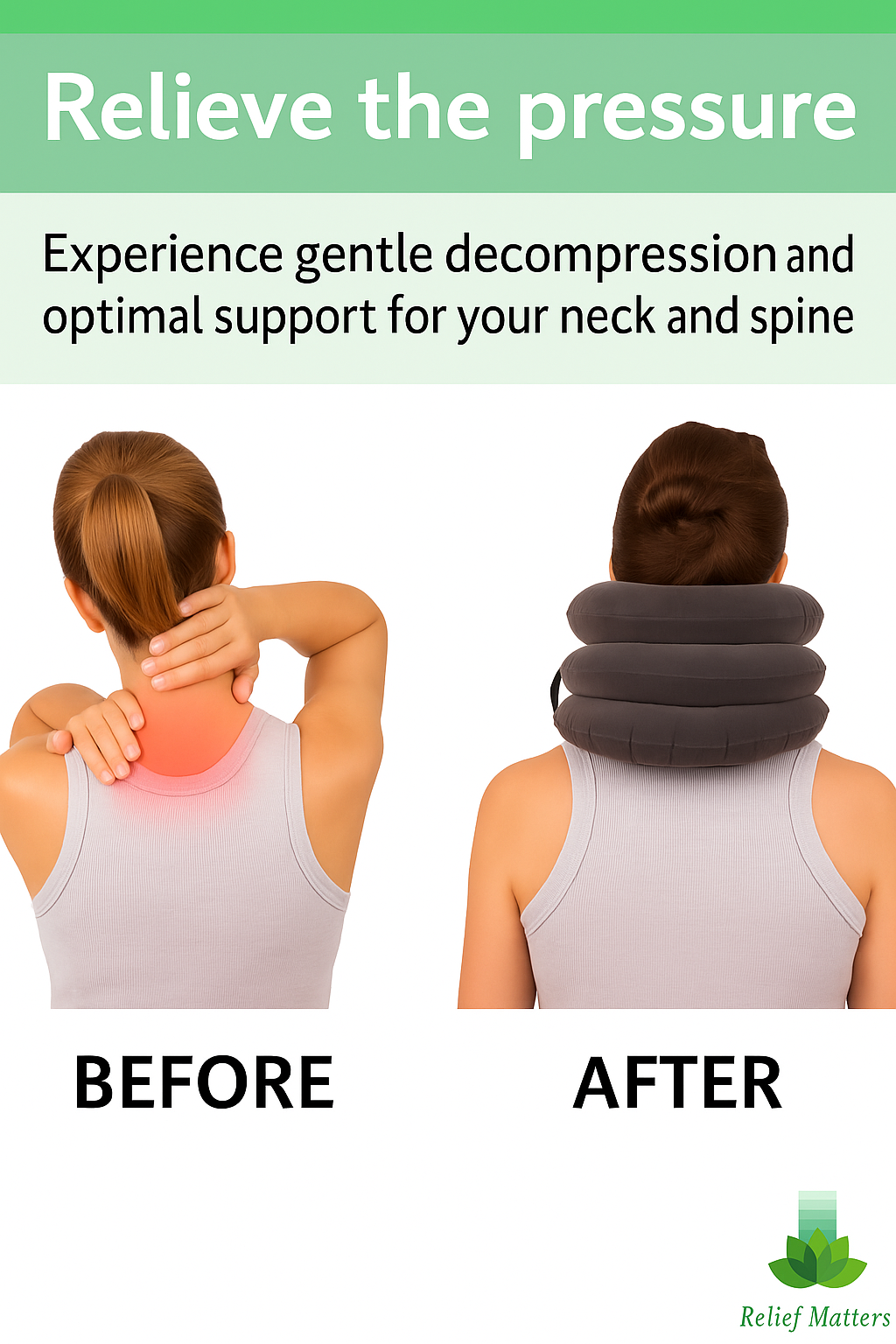 Comfortable inflatable neck pillow that eases pressure, improves blood flow, and provides lasting relief after extended wear