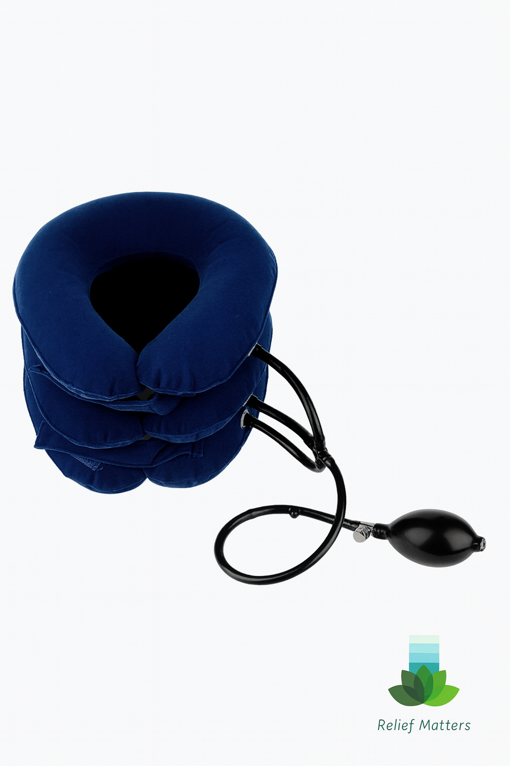 “Inflatable neck pillow providing gentle support and relaxation for travel or home use – helps reduce stiffness and promote comfort from Relief Matters.”