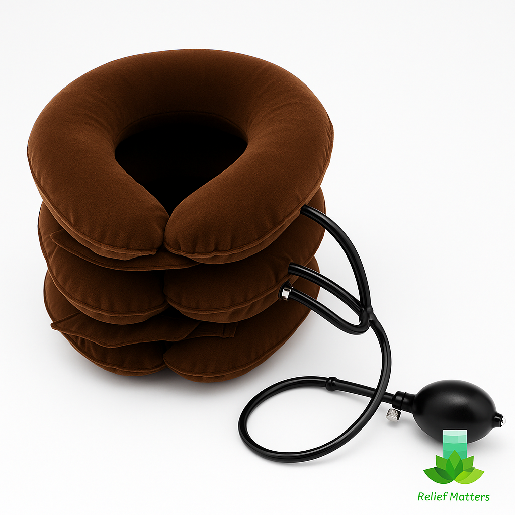 “Inflatable neck pillow providing gentle support and relaxation for travel or home use – helps reduce stiffness and promote comfort from Relief Matters.”