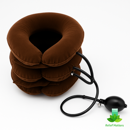 “Inflatable neck pillow providing gentle support and relaxation for travel or home use – helps reduce stiffness and promote comfort from Relief Matters.”