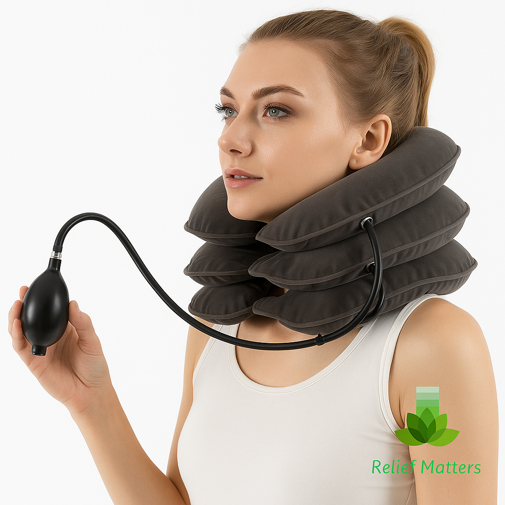 Comfortable inflatable neck pillow that eases pressure, improves blood flow, and provides lasting relief after extended wear