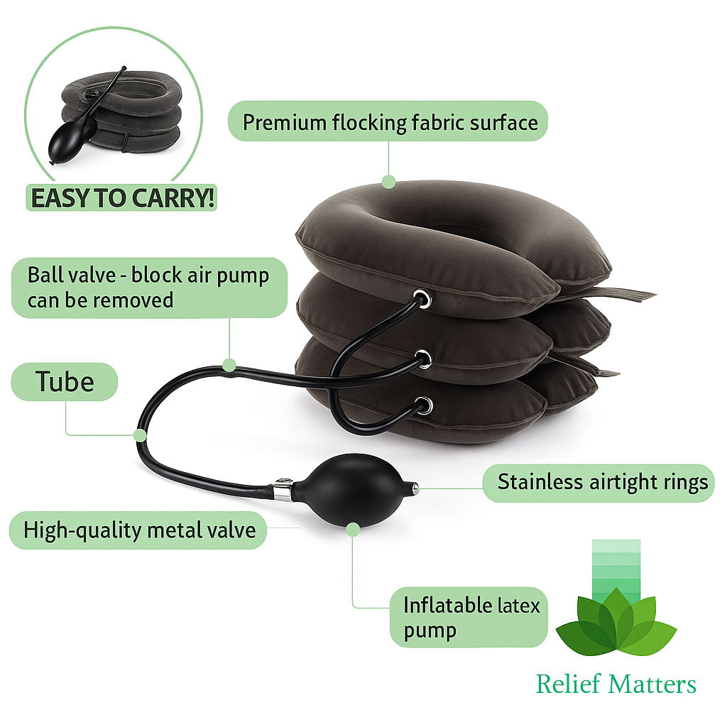 Adjustable inflatable neck pillow with soft fabric cover, ergonomic design, and quick-release valve – lightweight and portable for everyday use.”