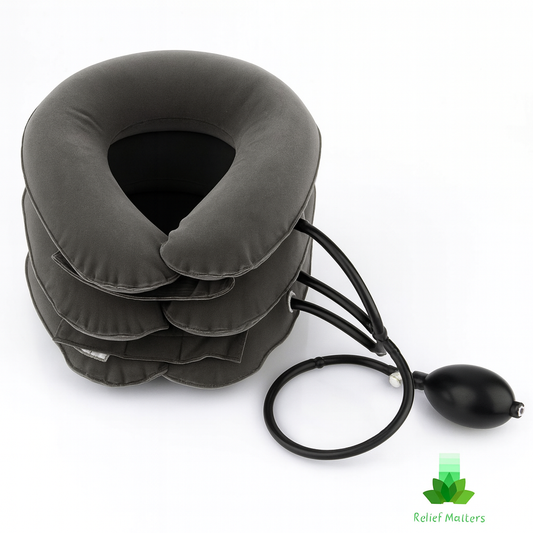 “Inflatable neck pillow providing gentle support and relaxation for travel or home use – helps reduce stiffness and promote comfort from Relief Matters.