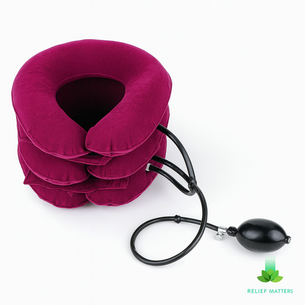 “Inflatable neck pillow providing gentle support and relaxation for travel or home use – helps reduce stiffness and promote comfort from Relief Matters.”