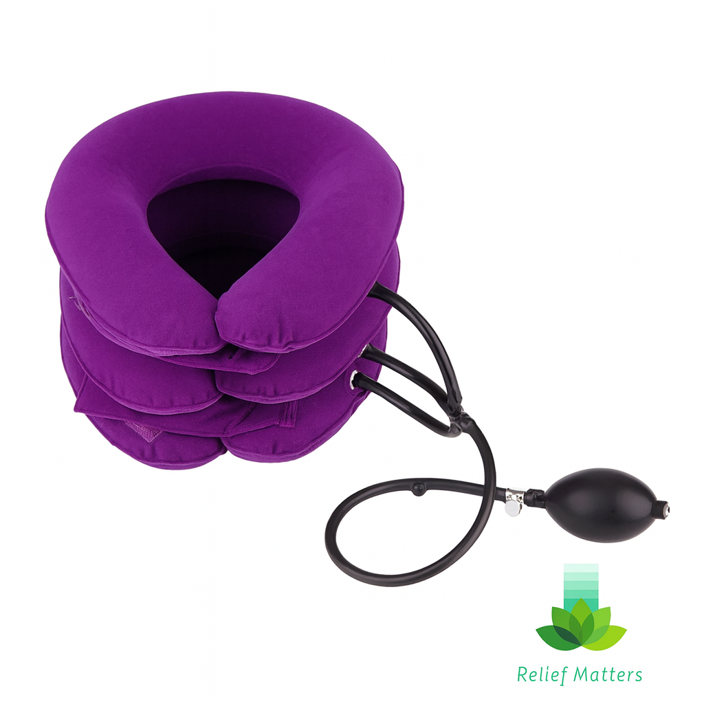 “Inflatable neck pillow providing gentle support and relaxation for travel or home use – helps reduce stiffness and promote comfort from Relief Matters.”