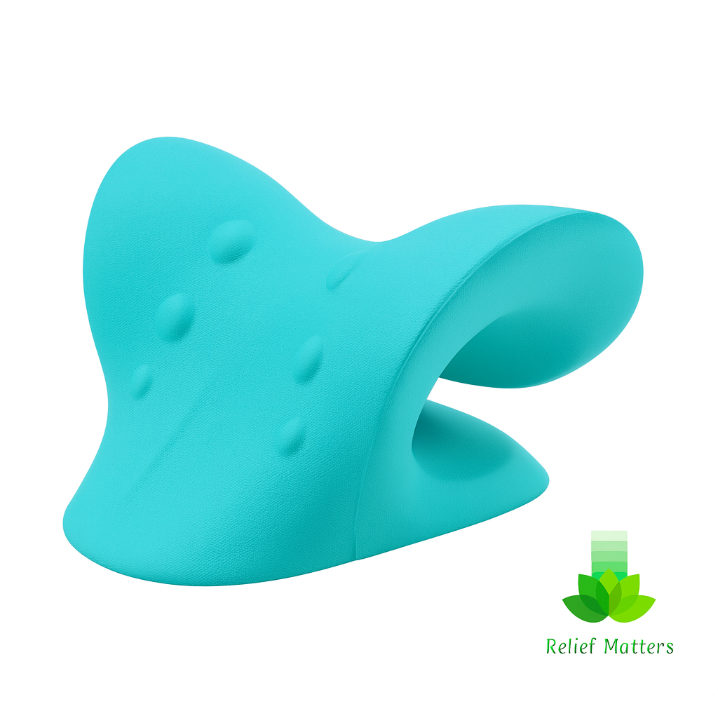 “Ergonomic neck stretcher pillow providing gentle spinal alignment and pain relief – helps ease tension, stiffness, and improve posture from Relief Matters.”