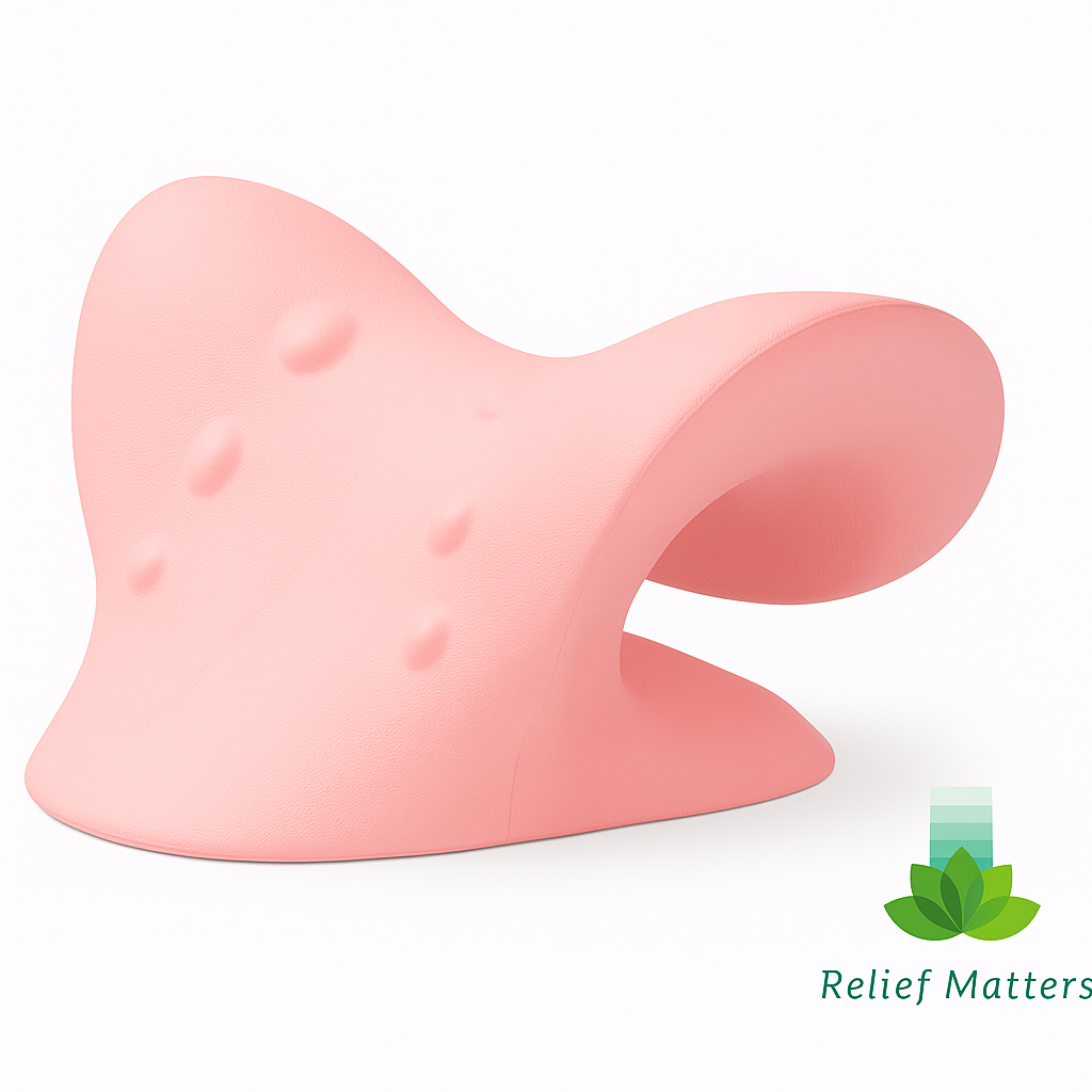 “Ergonomic neck stretcher pillow providing gentle spinal alignment and pain relief – helps ease tension, stiffness, and improve posture from Relief Matters.”