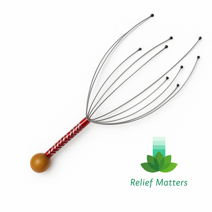 Octopus head massager providing gentle scalp stimulation and relaxation – handheld stress-relief tool designed to soothe tension and promote calm from Relief Matters.