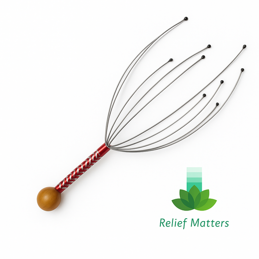 Octopus head massager providing gentle scalp stimulation and relaxation – handheld stress-relief tool designed to soothe tension and promote calm from Relief Matters.