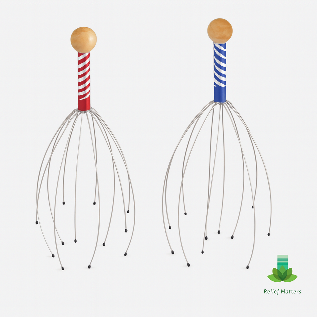 Flexible octopus head massager with soft prongs that conform to the shape of your scalp – provides a soothing, comfortable massage without rigidity