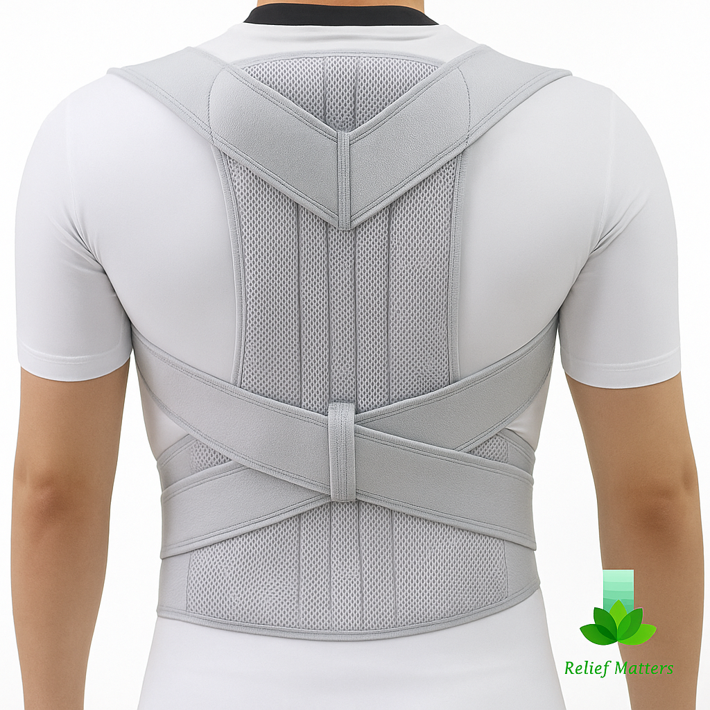 Lightweight back posture corrector designed for everyday wear – discreet under clothing for work, home, or travel to maintain proper alignment throughout the day
