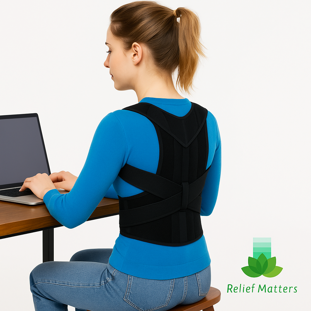 Lightweight back posture corrector designed for everyday wear – discreet under clothing for work, home, or travel to maintain proper alignment throughout the day
