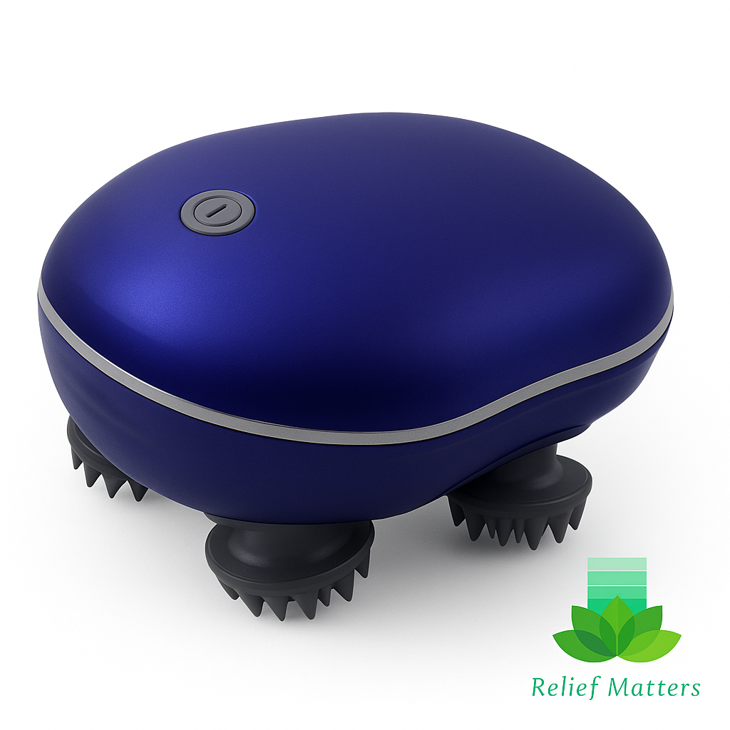 Electric scalp massager promoting relaxation, improved circulation, and stress relief – gentle vibration therapy for a soothing self-care experience from Relief Matters