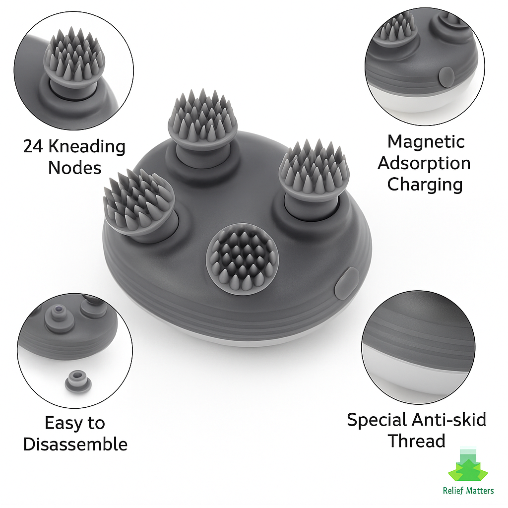 Compact electric scalp massager with soft kneading nodes and ergonomic design – lightweight, handheld device for targeted head and scalp relaxation