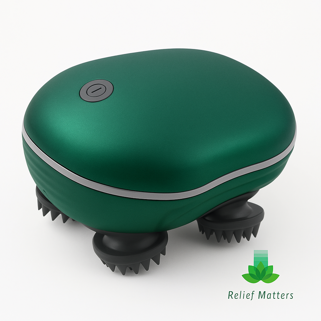 Electric scalp massager promoting relaxation, improved circulation, and stress relief – gentle vibration therapy for a soothing self-care experience from Relief Matters