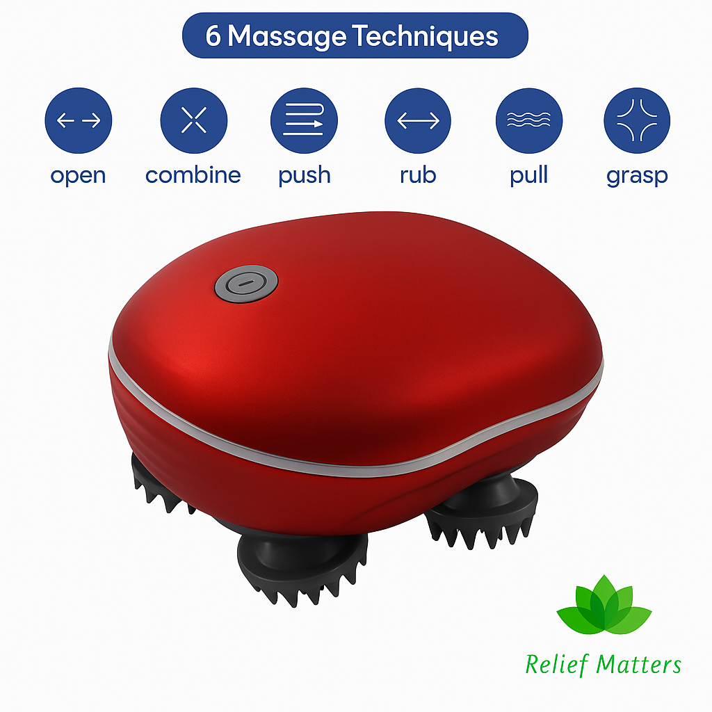 Electric scalp massager featuring six adjustable massage modes – customise intensity and rhythm to suit your comfort and enhance relaxation