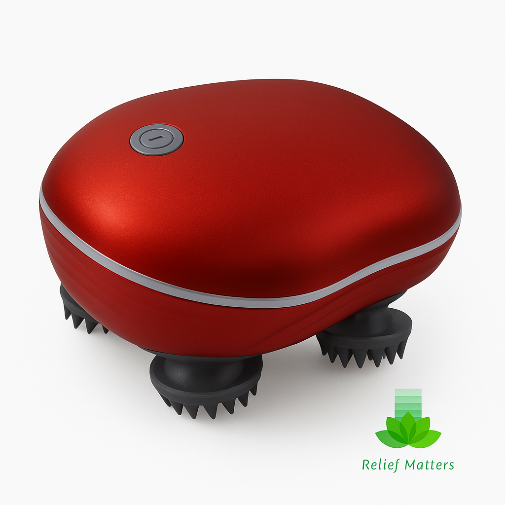 Electric scalp massager promoting relaxation, improved circulation, and stress relief – gentle vibration therapy for a soothing self-care experience from Relief Matters