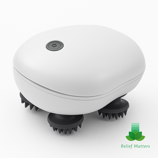 Electric scalp massager promoting relaxation, improved circulation, and stress relief – gentle vibration therapy for a soothing self-care experience from Relief Matters